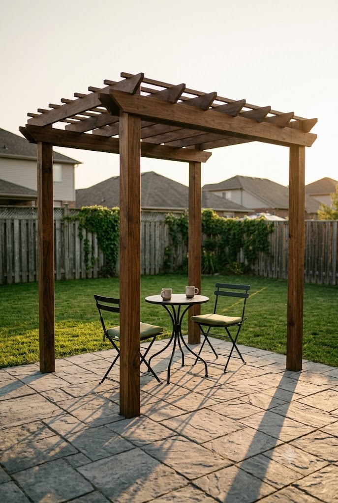 Eight foot square wooden pergola over a bistro table and two chairs on a paver patio