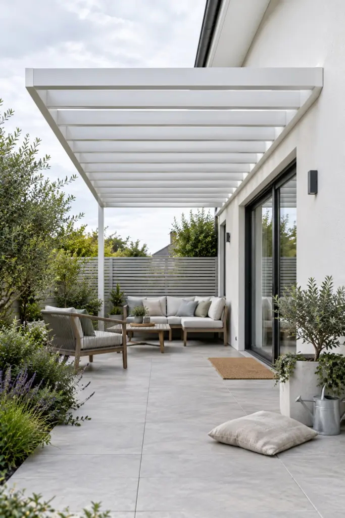 White aluminium pergola wall-mounted with hidden fixings over a modern paved patio
