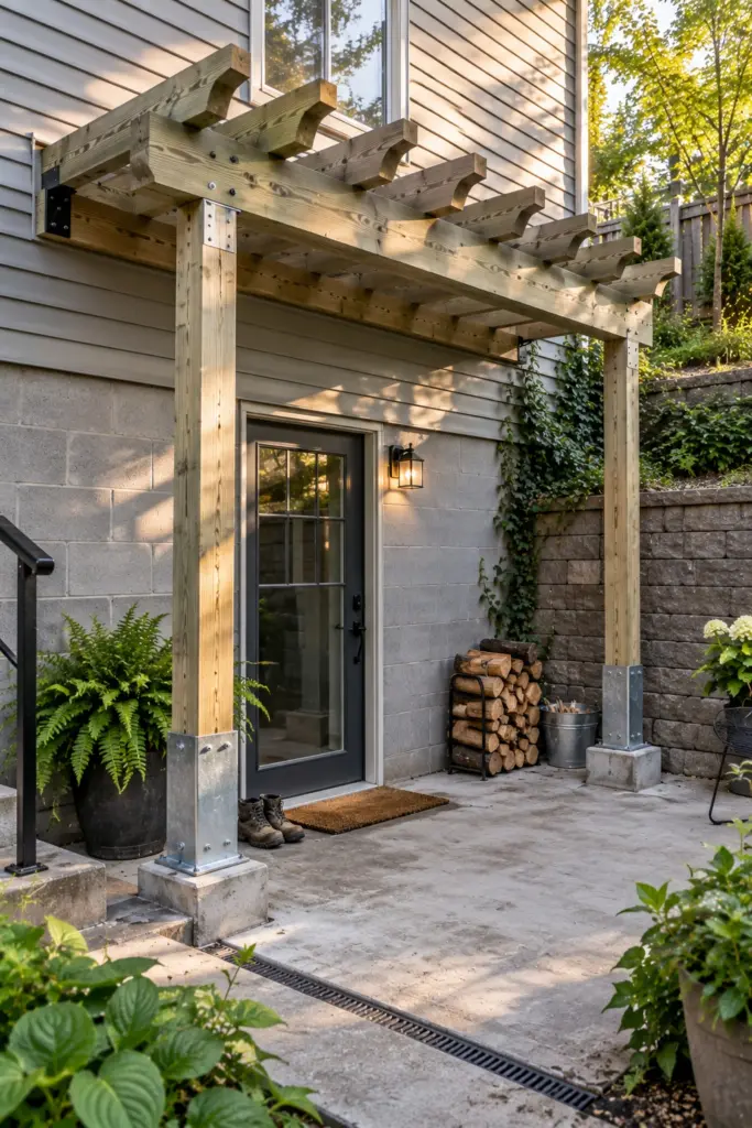 Pergola attached above a walk-out basement door with posts on raised standoff bases