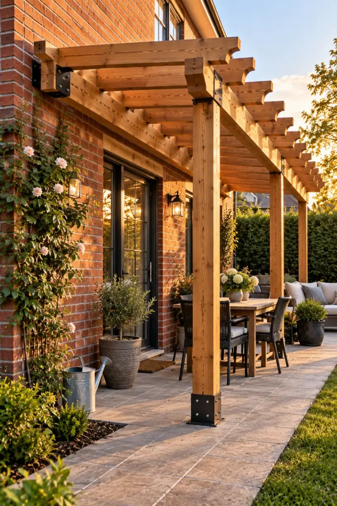 Cedar pergola attached to a red brick wall on standoff mounts with a gap behind the ledger