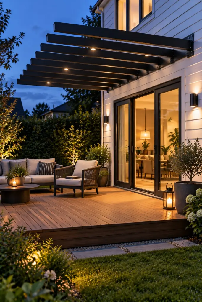 Black aluminium pergola cantilevered from a house wall with no front posts over a deck