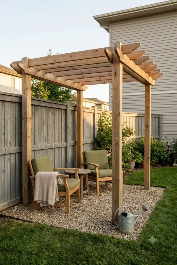 Small pergola ideas: cedar corner pergola built into a fence return over a gravel seating area