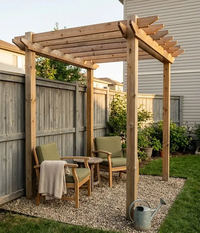 Small pergola ideas: cedar corner pergola built into a fence return over a gravel seating area