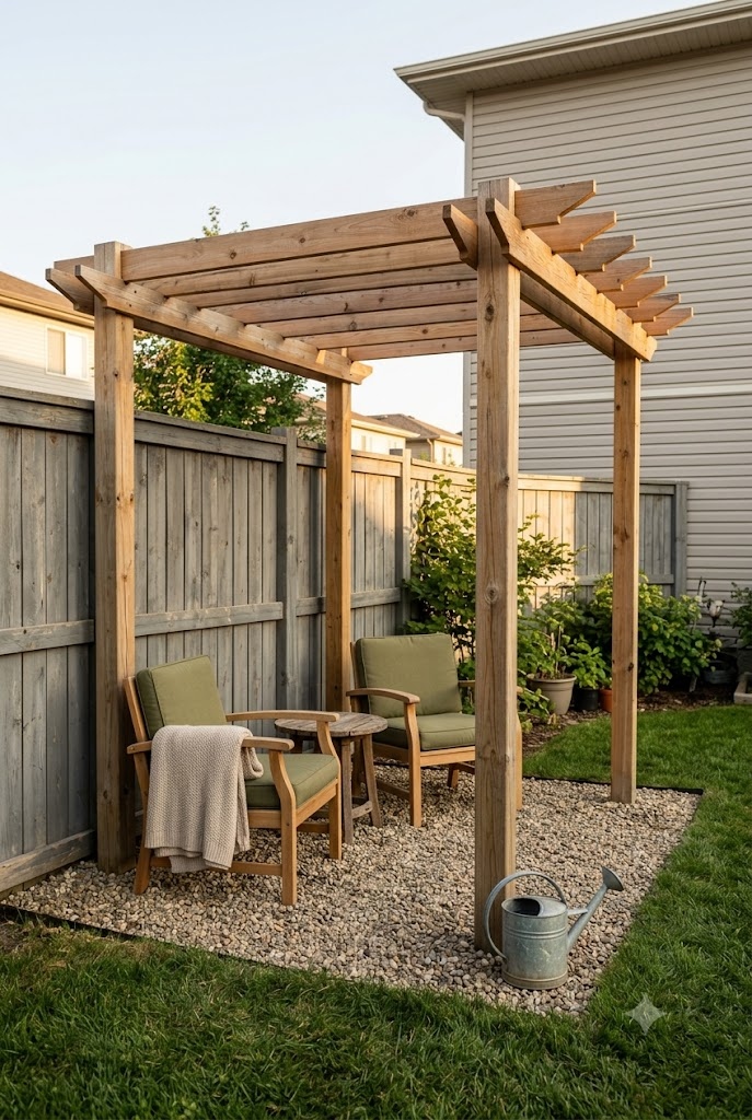 Small pergola ideas: cedar corner pergola built into a fence return over a gravel seating area