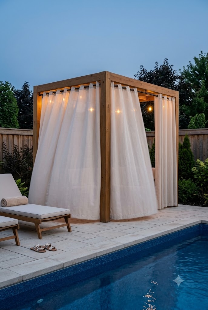 Pergola with cream outdoor curtains in a small poolside corner at dusk
