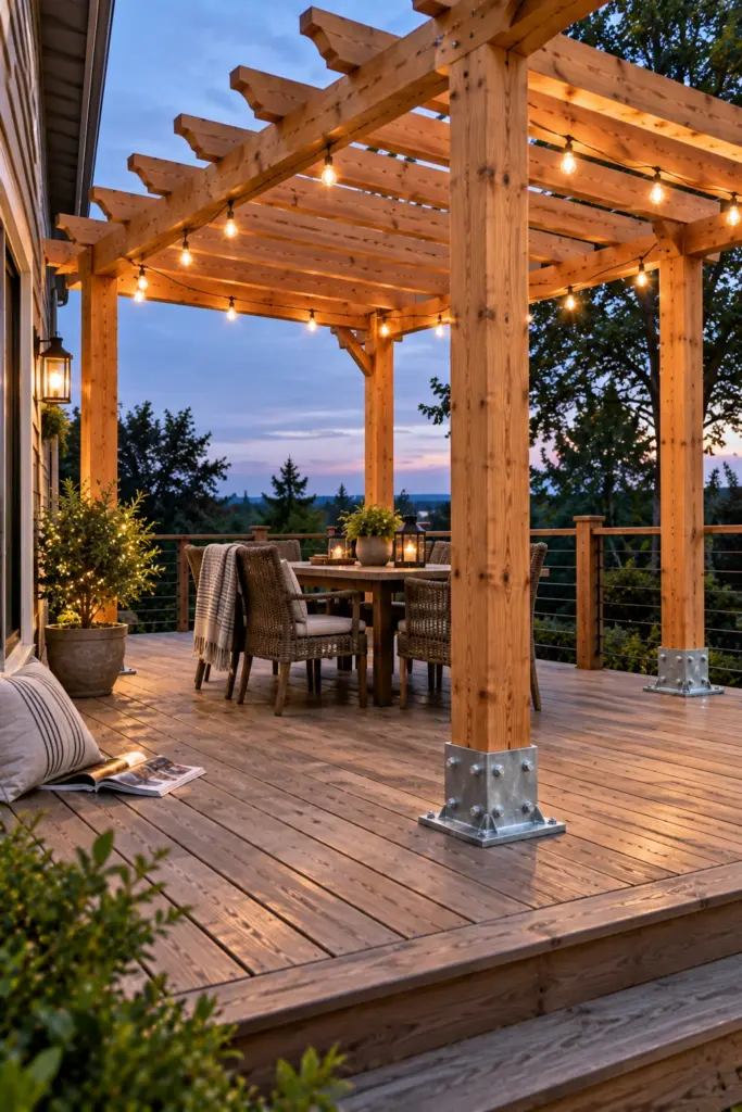 Freestanding pergola on a raised deck with galvanised surface post bases bolted through