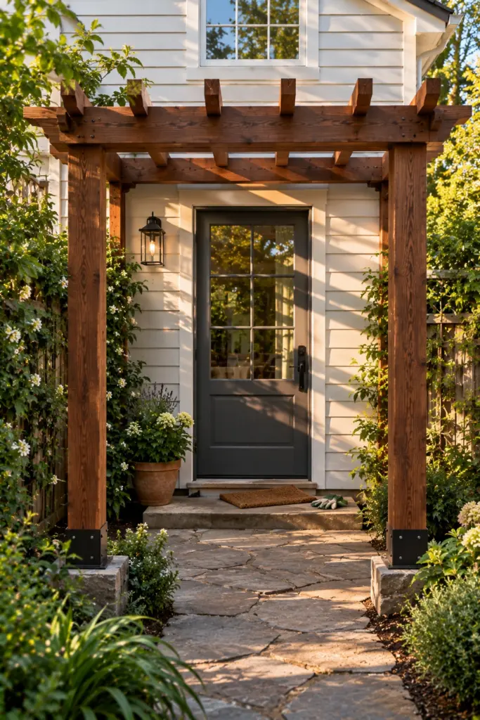 Freestanding post-and-beam pergola framing a back door with posts clear of the doorway