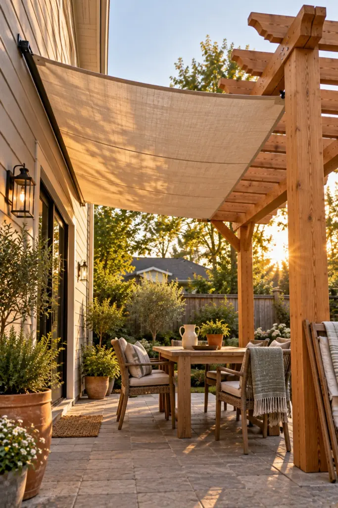 Canvas shade panel bridging the gap between a house wall and a freestanding pergola
