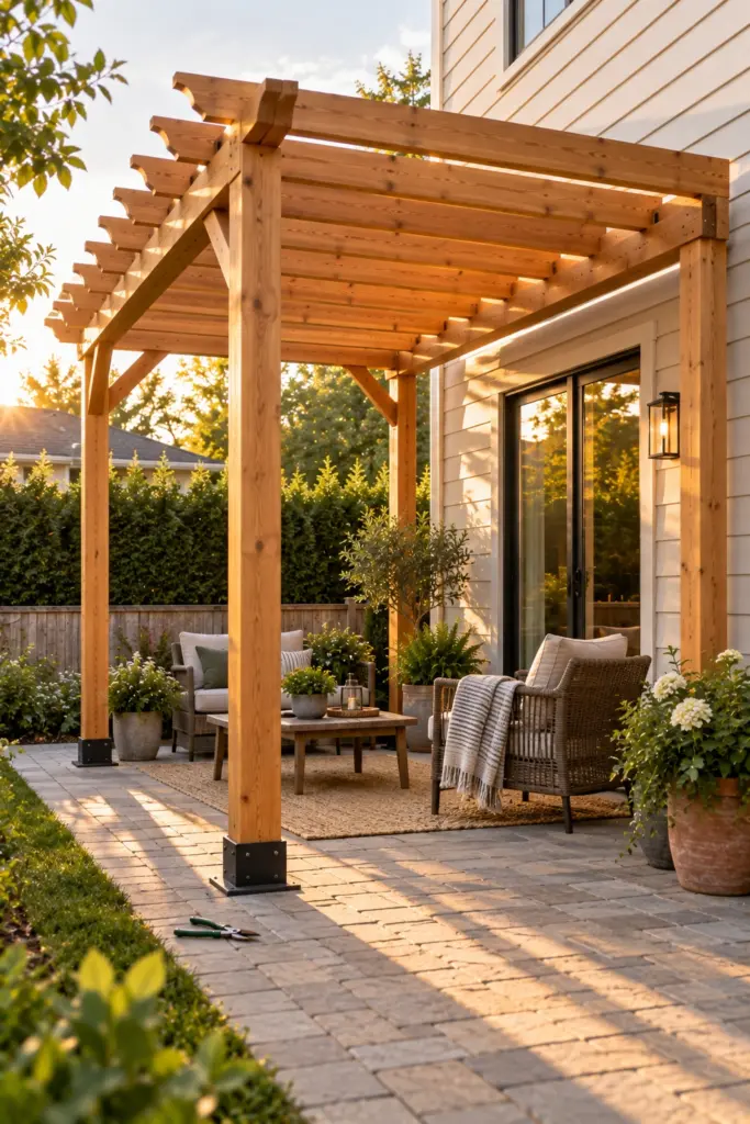 Four-post pergola aligned with the back door head so it reads as attached from the patio