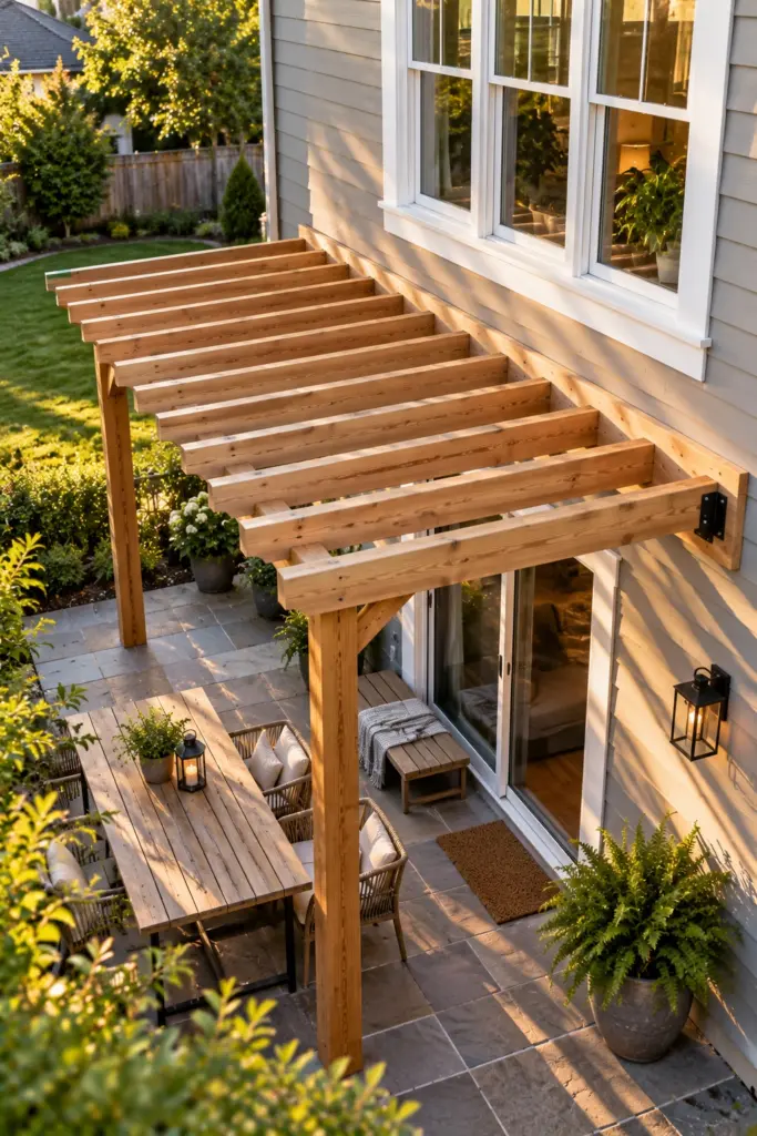 Freestanding cedar pergola standing two inches clear of house siding on a paver patio