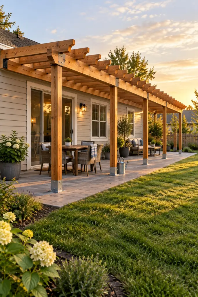 Full-width cedar pergola attached along the back of a house over a grey paver patio