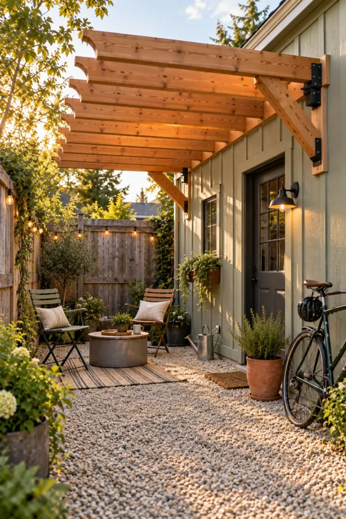 Cedar pergola bracket-mounted to a detached garage wall over a gravel seating area