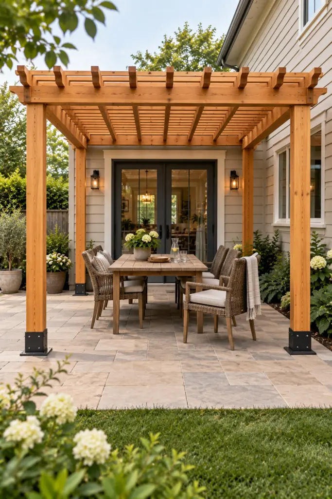 Freestanding pergola set back from a house with a gravel drainage strip catching roof runoff