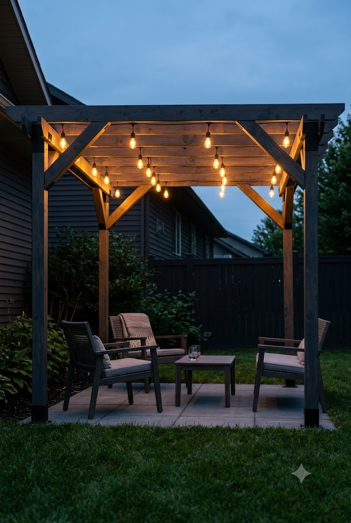 Charcoal stained kit pergola with two runs of warm string lights over a small patio at dusk