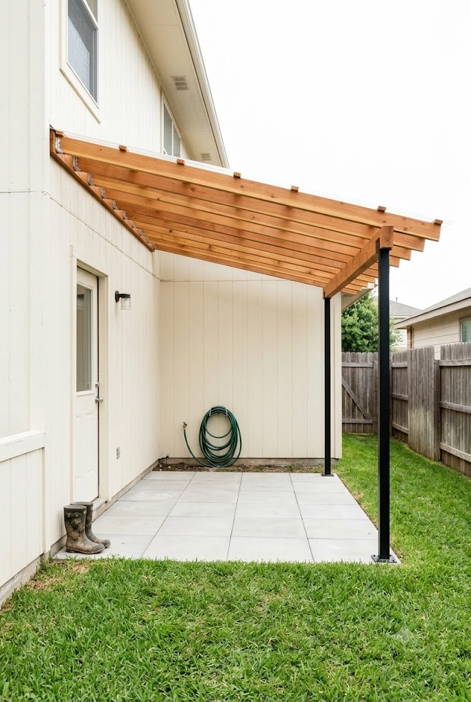 Lean-to pergola attached to a house wall over a narrow backyard patio with black posts