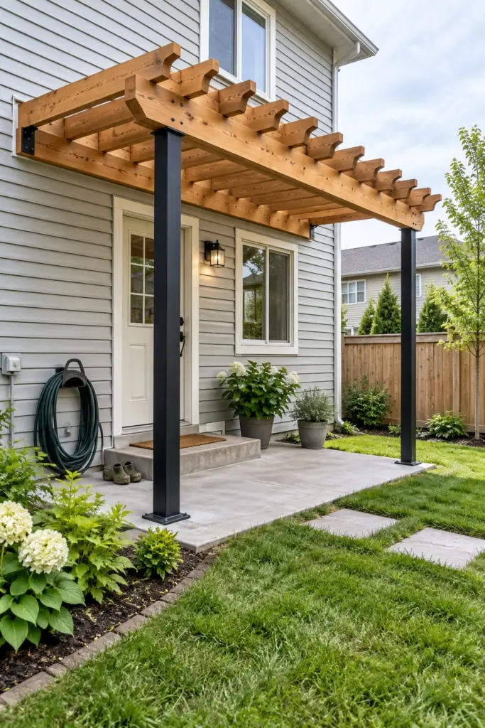 Cedar pergola attached to house siding with a ledger board over a concrete back door landing