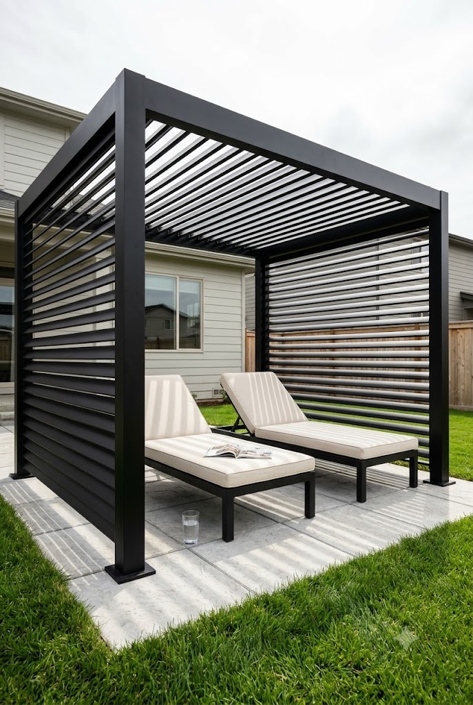 Black aluminum louvered pergola over a small paver patio with two lounge chairs
