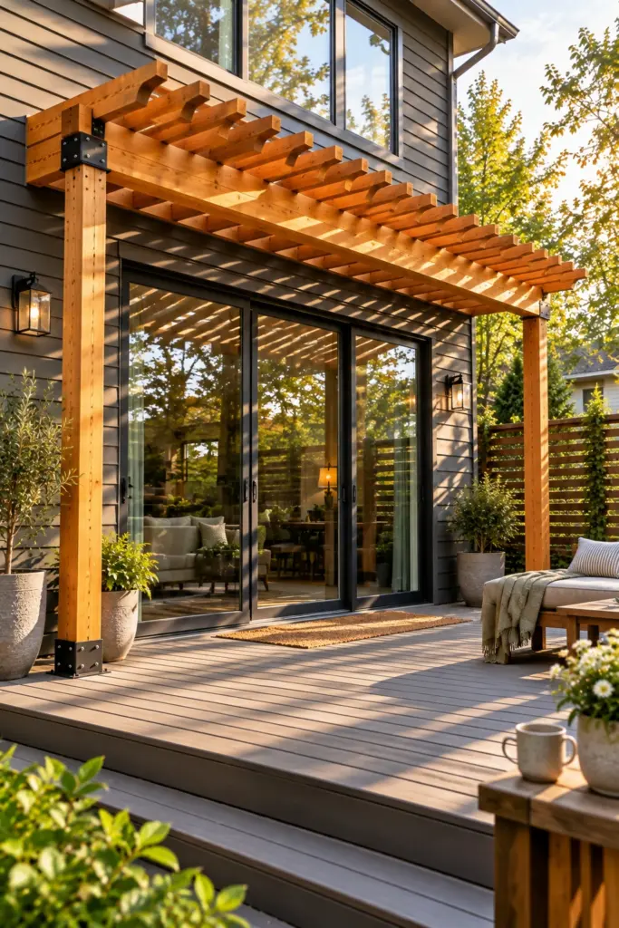 Pergola attached above sliding glass doors casting striped shade across the glass