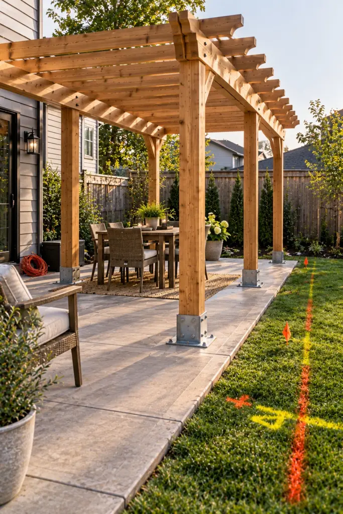 Cedar pergola on an existing slab with surface post anchors avoiding underground services