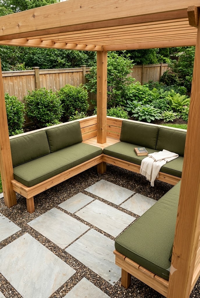 Cedar pergola with built in bench seating on two sides over a paver and gravel floor