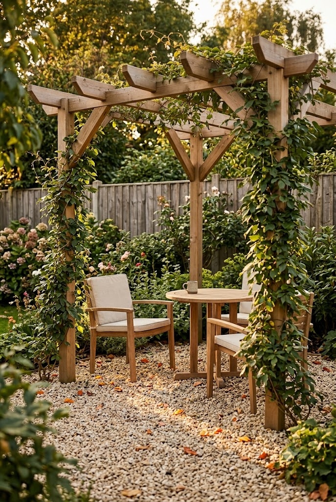 Small pergola ideas: timber pergola with climbing vines casting dappled shade over gravel