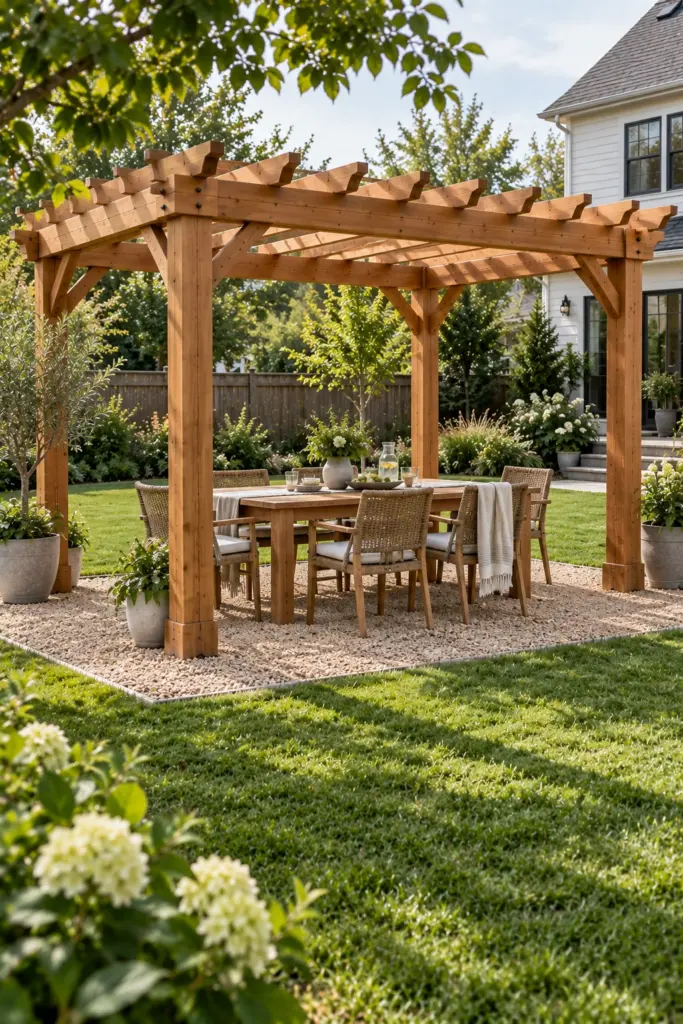 Cedar pergola over an outdoor dining table on a gravel pad in open lawn