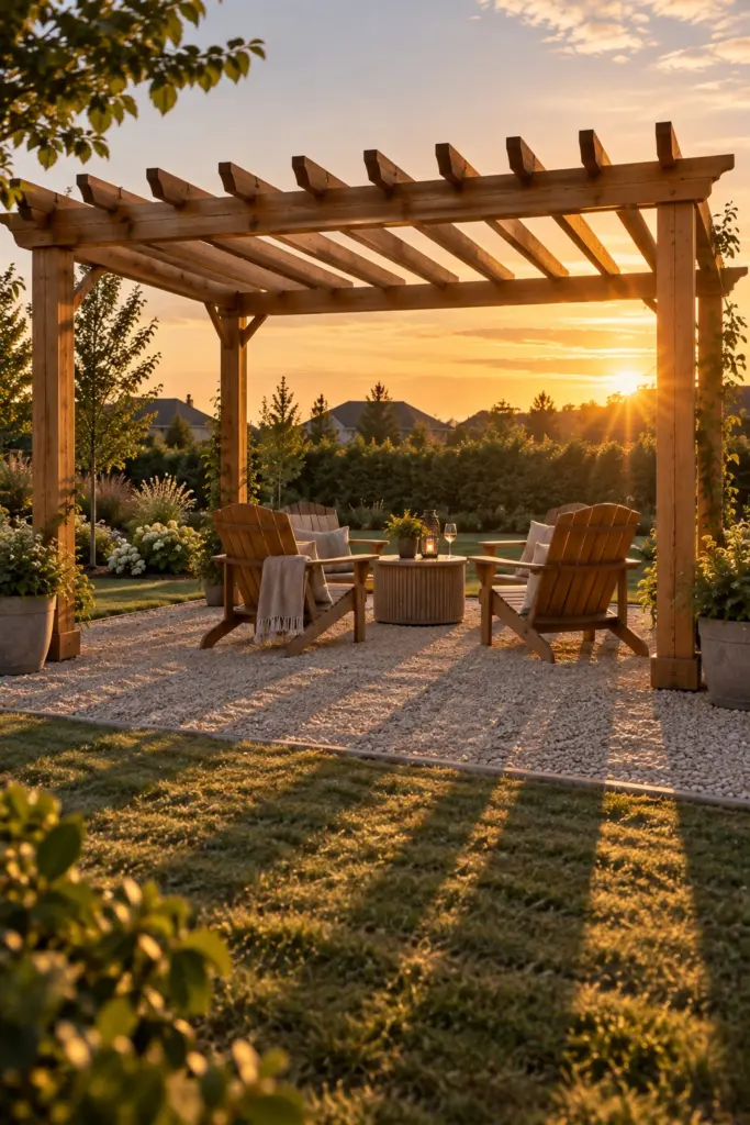 Stained pine pergola sited to catch low evening sun through widely spaced rafters
