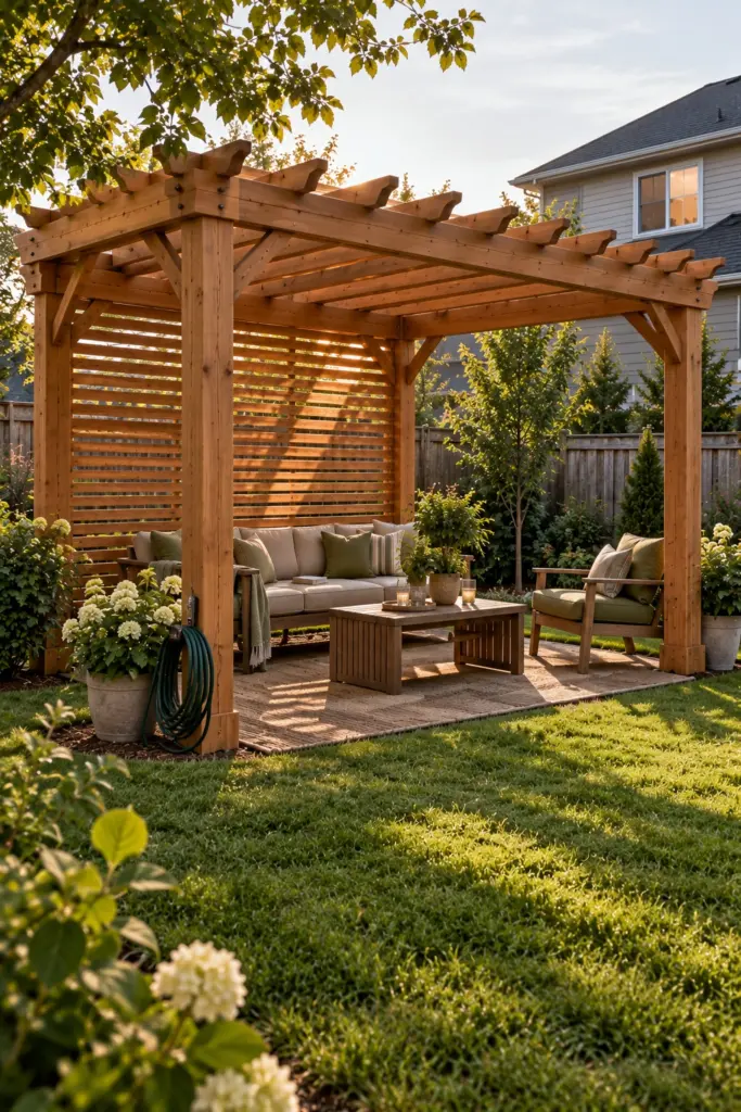 Cedar pergola with a slatted panel turned toward a neighbour's upstairs windows