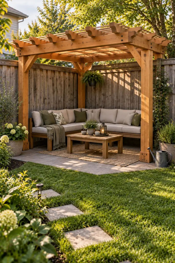 Compact cedar pergola in a fence corner with posts standing clear of both fences