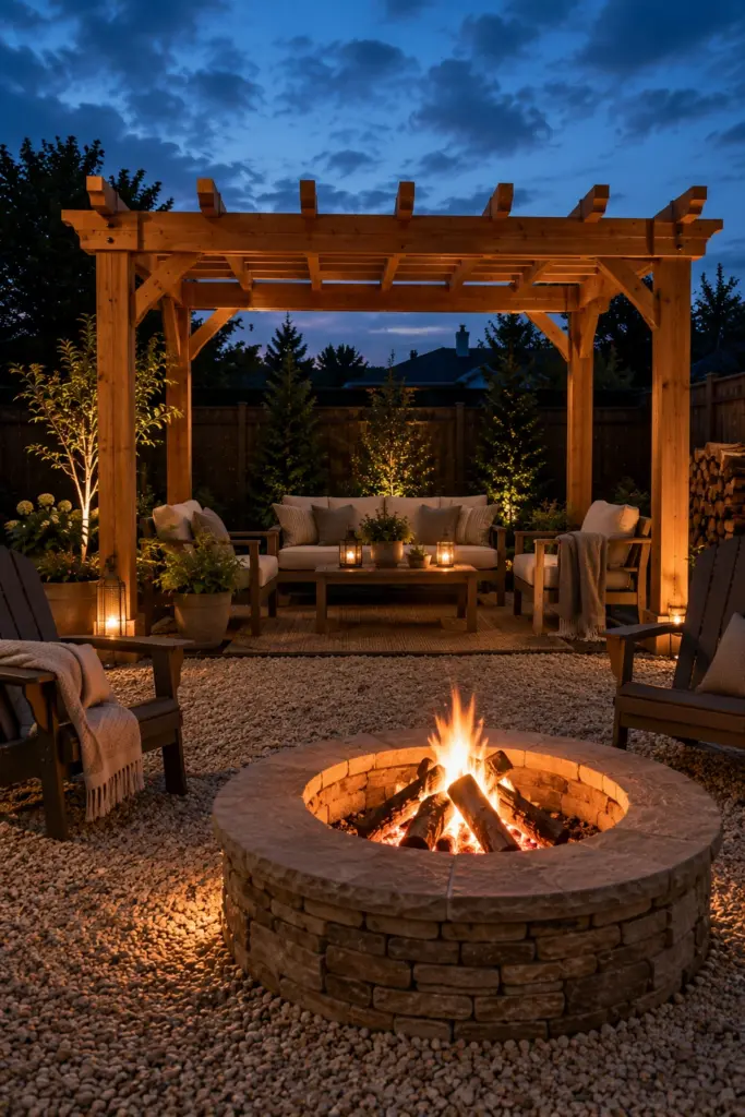 Cedar pergola with seating beside a stone fire pit kept outside the frame