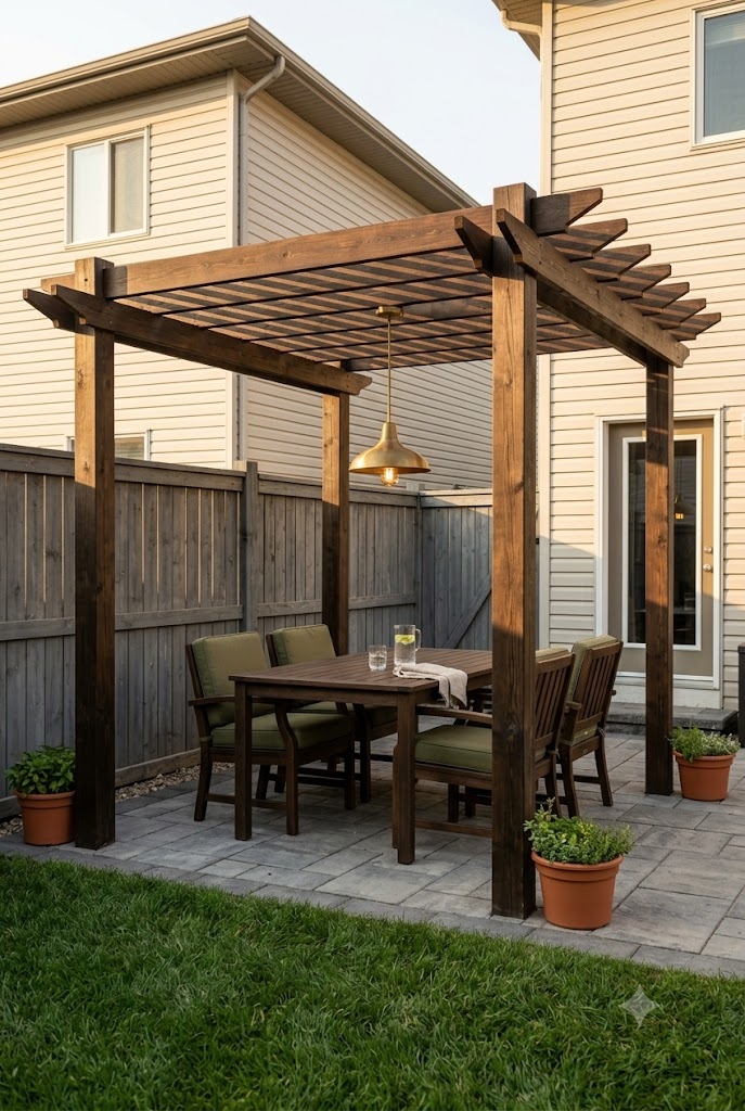 Small pergola ideas: dark stained pergola over a four seat outdoor dining table with a pendant light