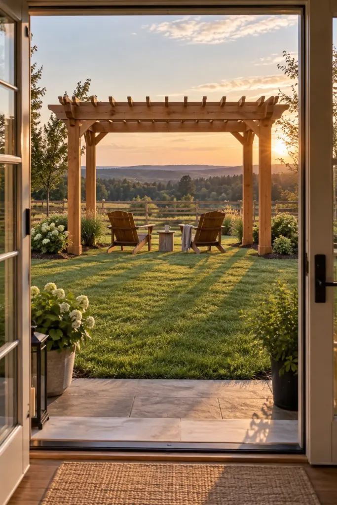 Freestanding cedar pergola on lawn framing a distant view seen from the back door