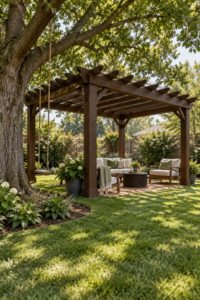 Dark timber pergola sited beside a mature tree with posts clear of the root zone