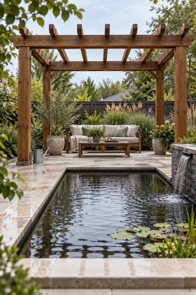 Hardwood pergola framing a rectangular water basin with seating facing the water