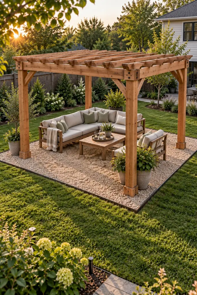 Cedar pergola on a pea gravel island set into lawn with steel edging