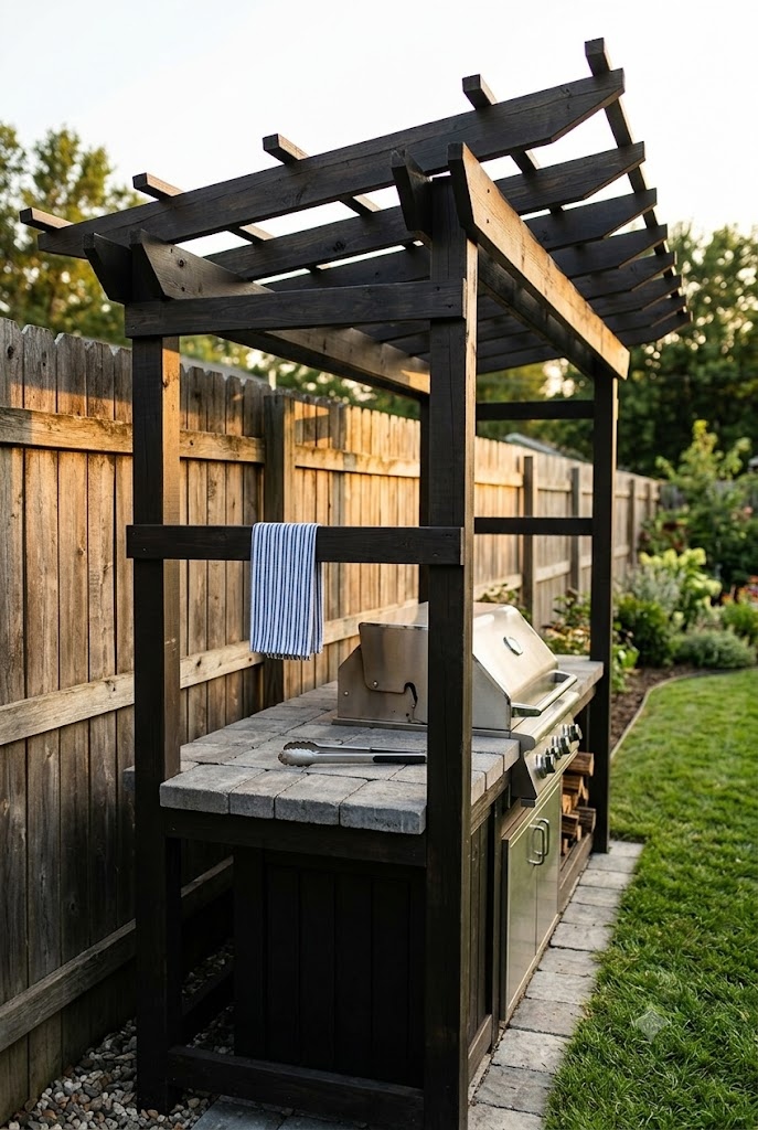 Dark stained pergola over an outdoor grill station and paver counter along a fence