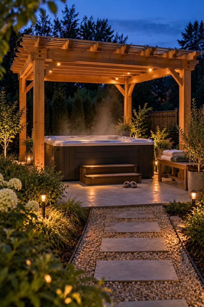 Cedar pergola over a hot tub on a concrete pad away from the house at dusk