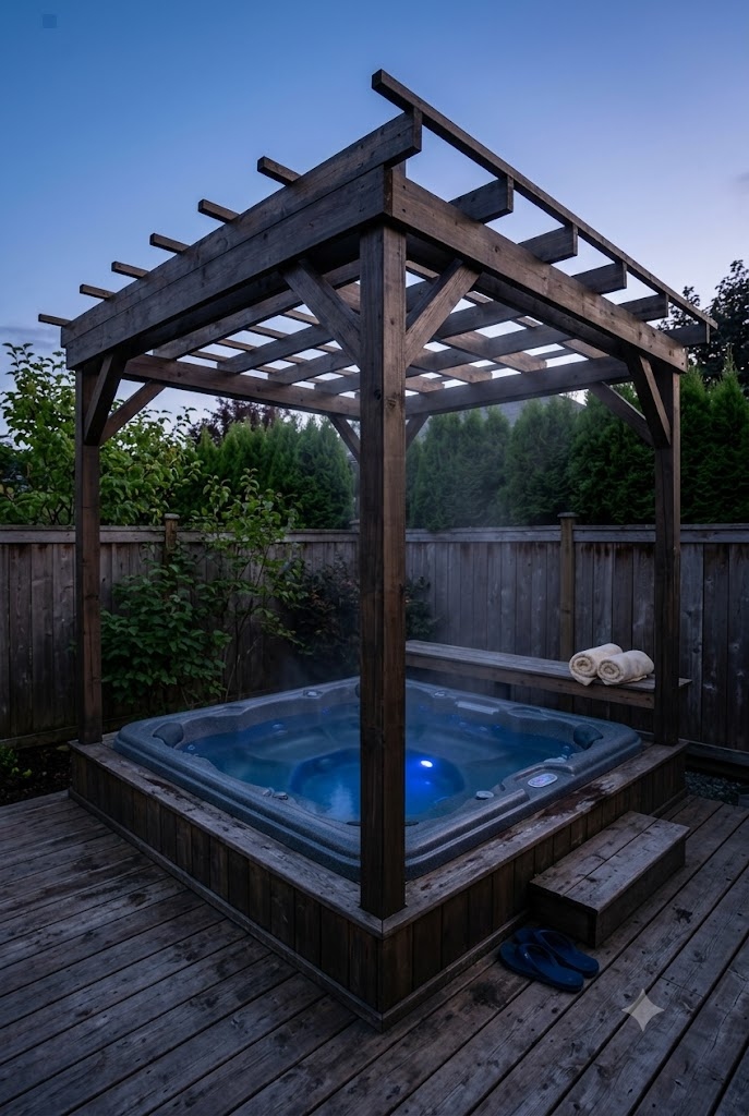 Compact wooden pergola framed around a hot tub on a small backyard deck at dusk