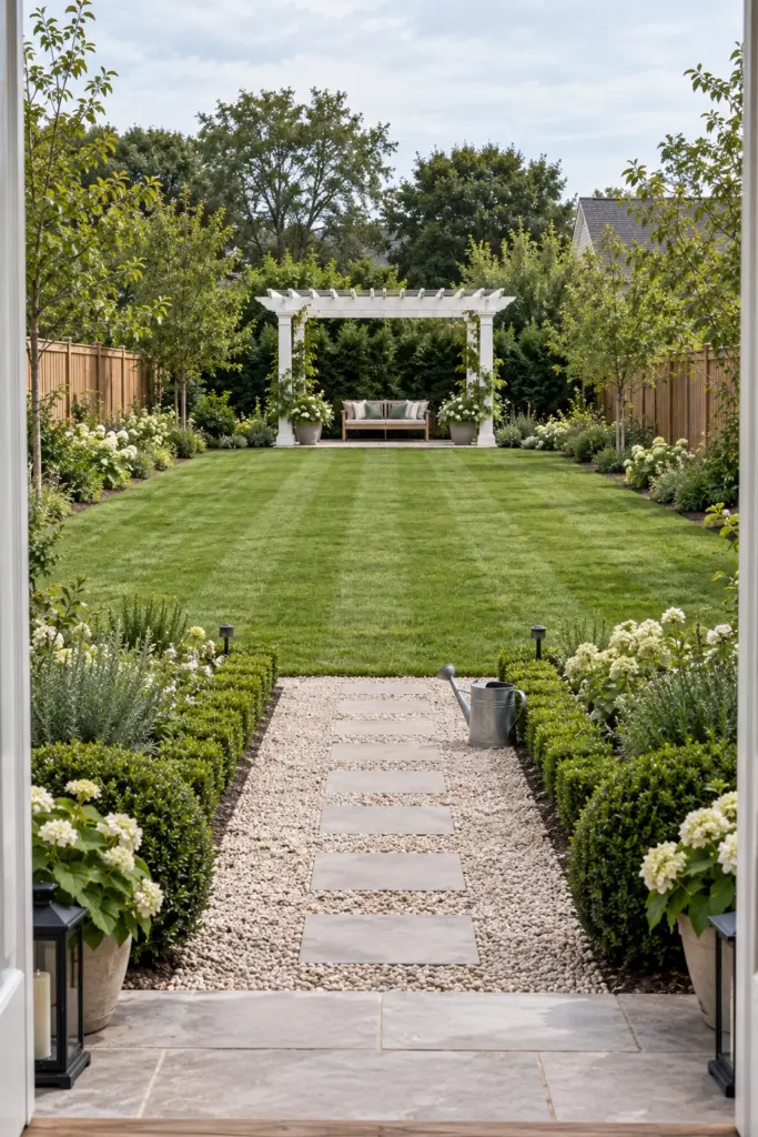 White pergola at the end of a long lawn aligned on a path axis