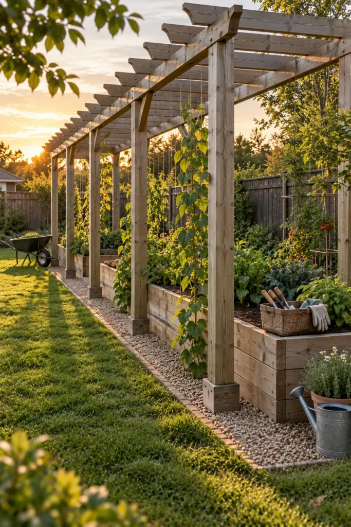 Long narrow pergola dividing lawn from raised vegetable beds with climbing wires