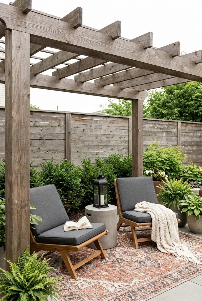 Cedar pergola over a two seat lounge nook with an outdoor rug and floor lantern
