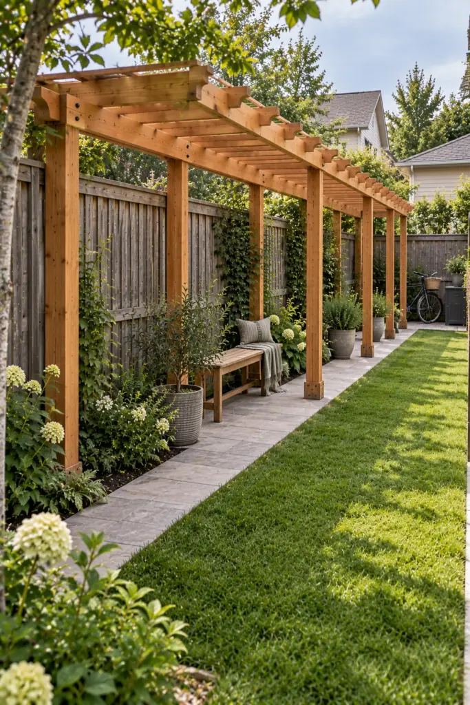 Long shallow pergola running parallel to the fence on a narrow lot