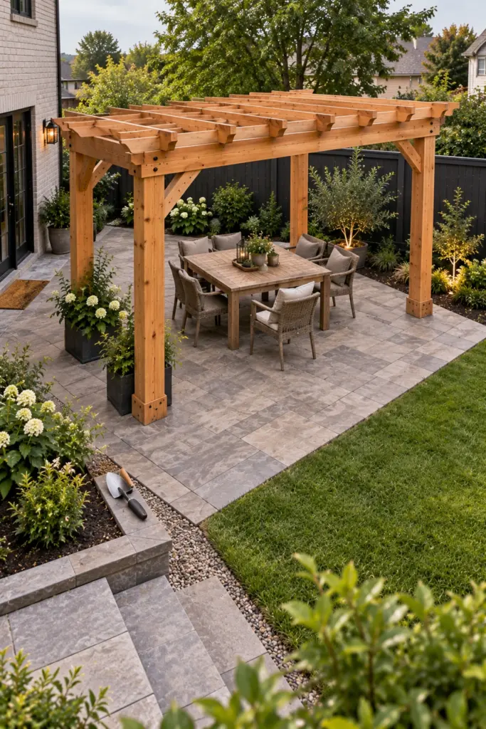 Cedar pergola set at an angle to the house lines with paving following the rotation