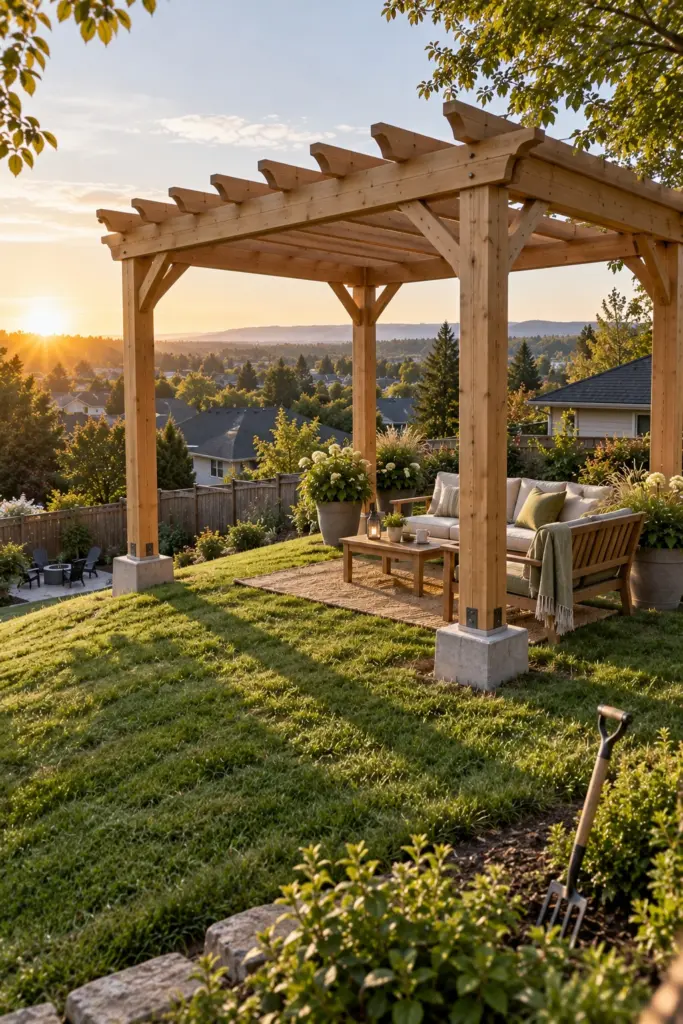 Timber pergola sited on a rise above a backyard with stepped concrete footings