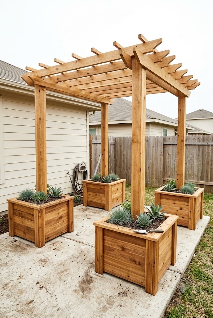 Cedar pergola with posts built into square planter boxes on a concrete patio