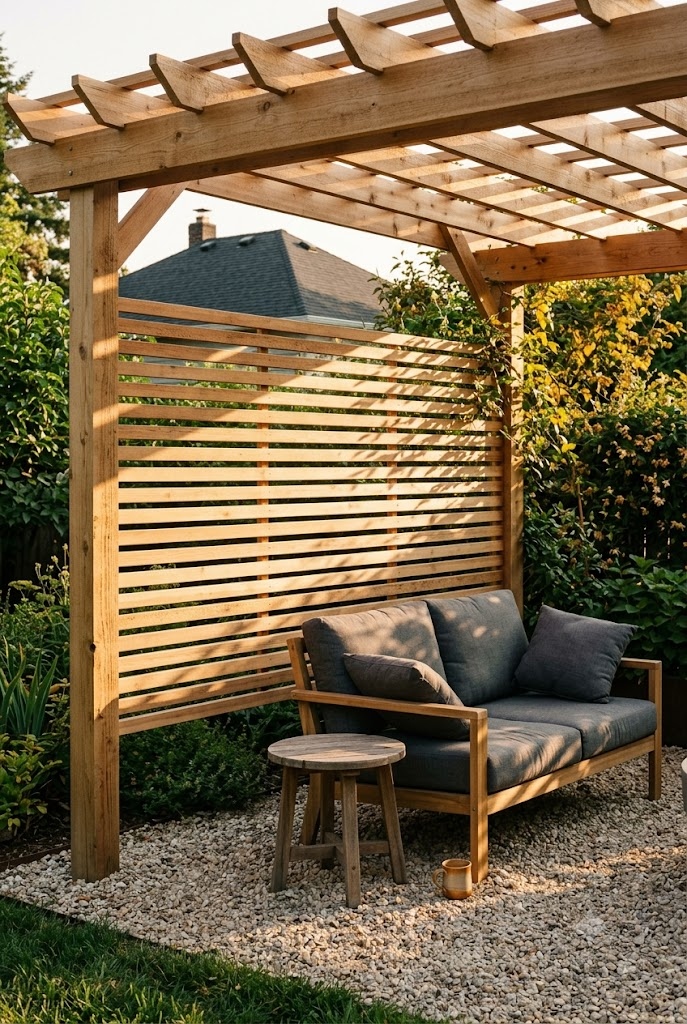 Cedar pergola with a horizontal slatted privacy panel on one side over gravel seating