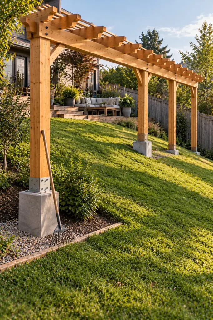 Timber pergola on a slope with stepped footings holding the beam level