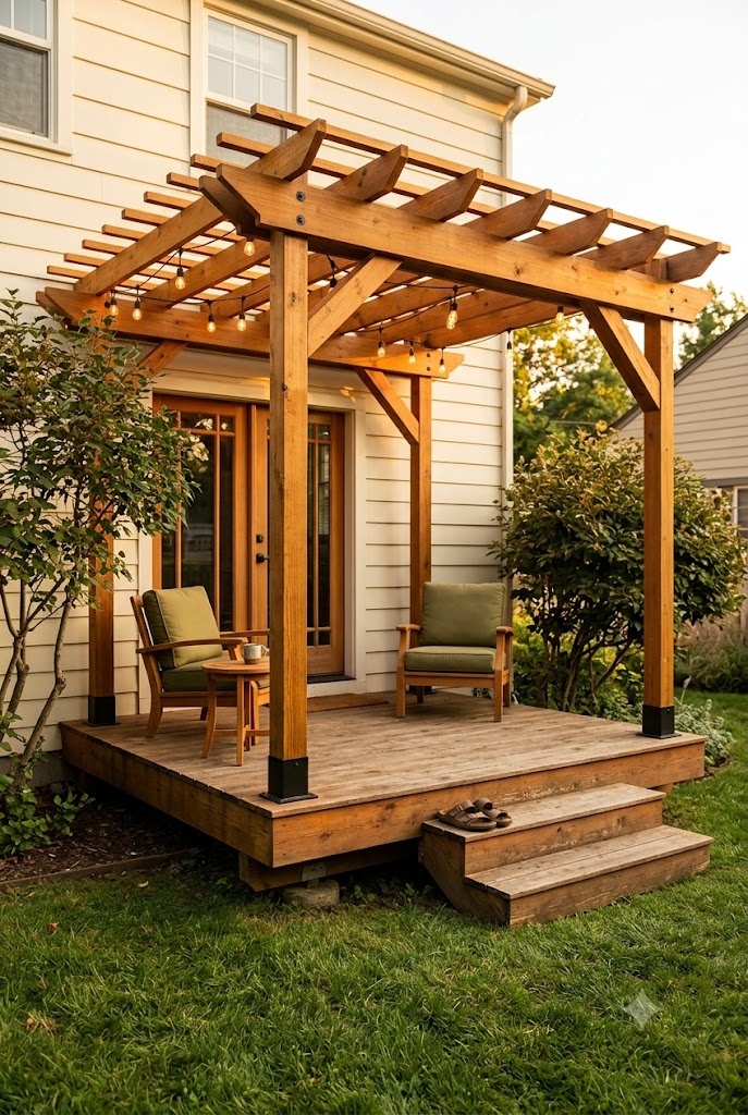 Cedar pergola mounted on a small raised deck landing with string lights overhead
