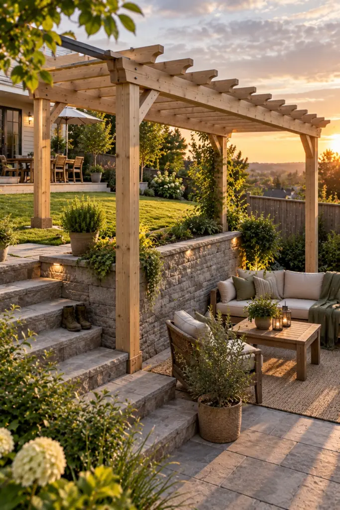 Timber pergola bridging two levels of a split backyard with a level beam