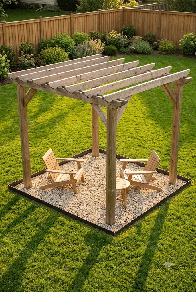 Wooden pergola over a sunken gravel sitting area edged with steel in a green lawn